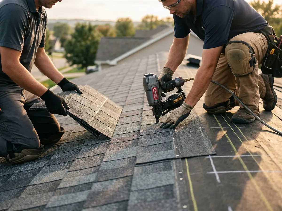 Professional roofer working on a residential roof in St. Albans